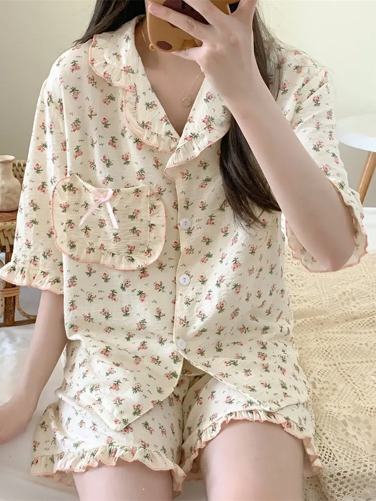 

Sweet Floral Cotton Pajamas Women's Set Summer Breathable Comfortable Home Clothes ort Sve V-Ne Spwear Outfit