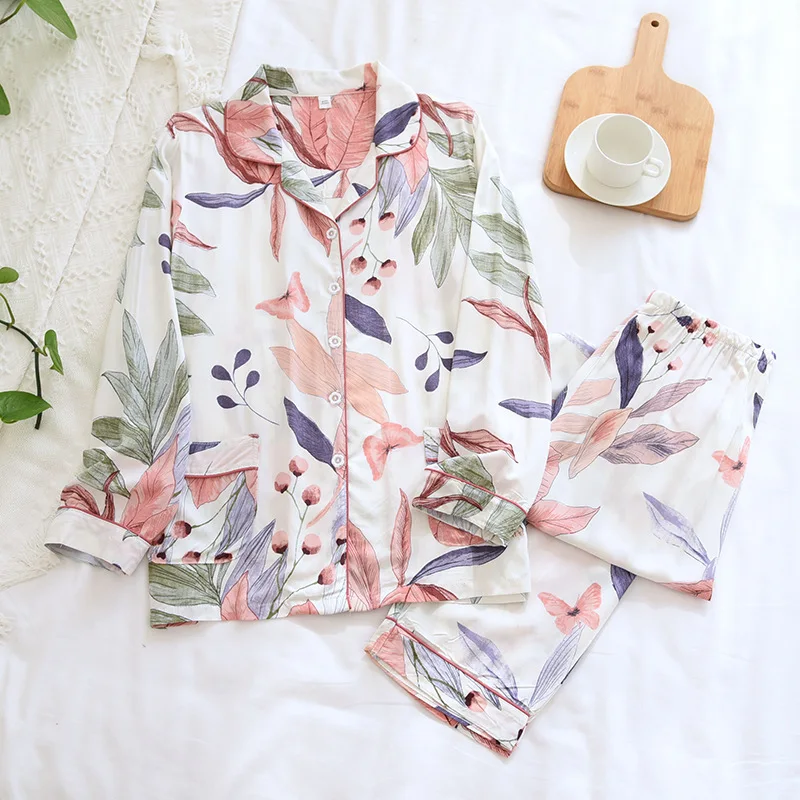 Cotton Pajama Sets Women Sleepwear Two Pieces Long Sleeve Cardigan Pants Print Loungewear High Quality Pajamas Thin Nightwear