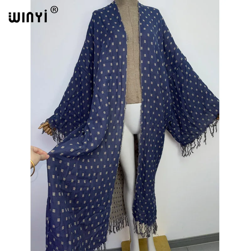 WINYI autumn winter Women elegant Vintage Double plaid printing tassels Long Dress Elegant Full Sleeve Casual warm coat kimono