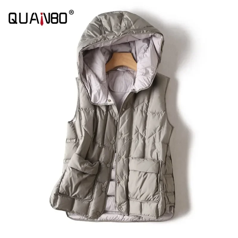 2024 New 90%  White Duck Down Sleeveless Jackets Autumn Winter Female Hooded Ultra Light Down Korean Office Lady vest coat