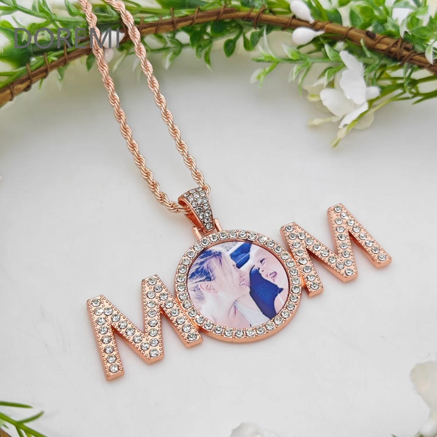 DOREMI Custom Photo Charm Personalized Picture Mom Necklace Rhinestone MOM Pendant Gold Silver Bling Necklace with Pendant