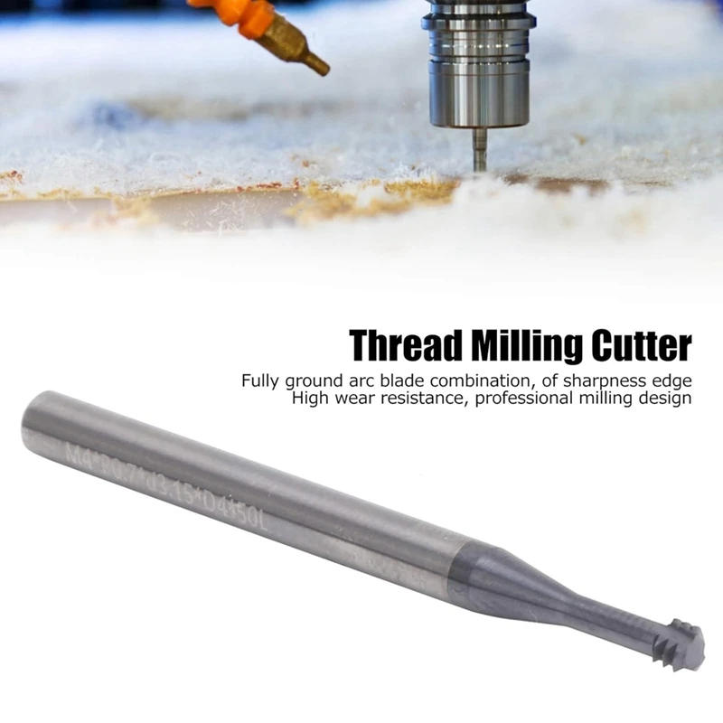 Y17A Thread Milling Cutter 3 Tooth Metric 60° Tungsten Steel CNC M4x0.7Xd4x50 Cutting Tools, Helical Flute Thread Mills