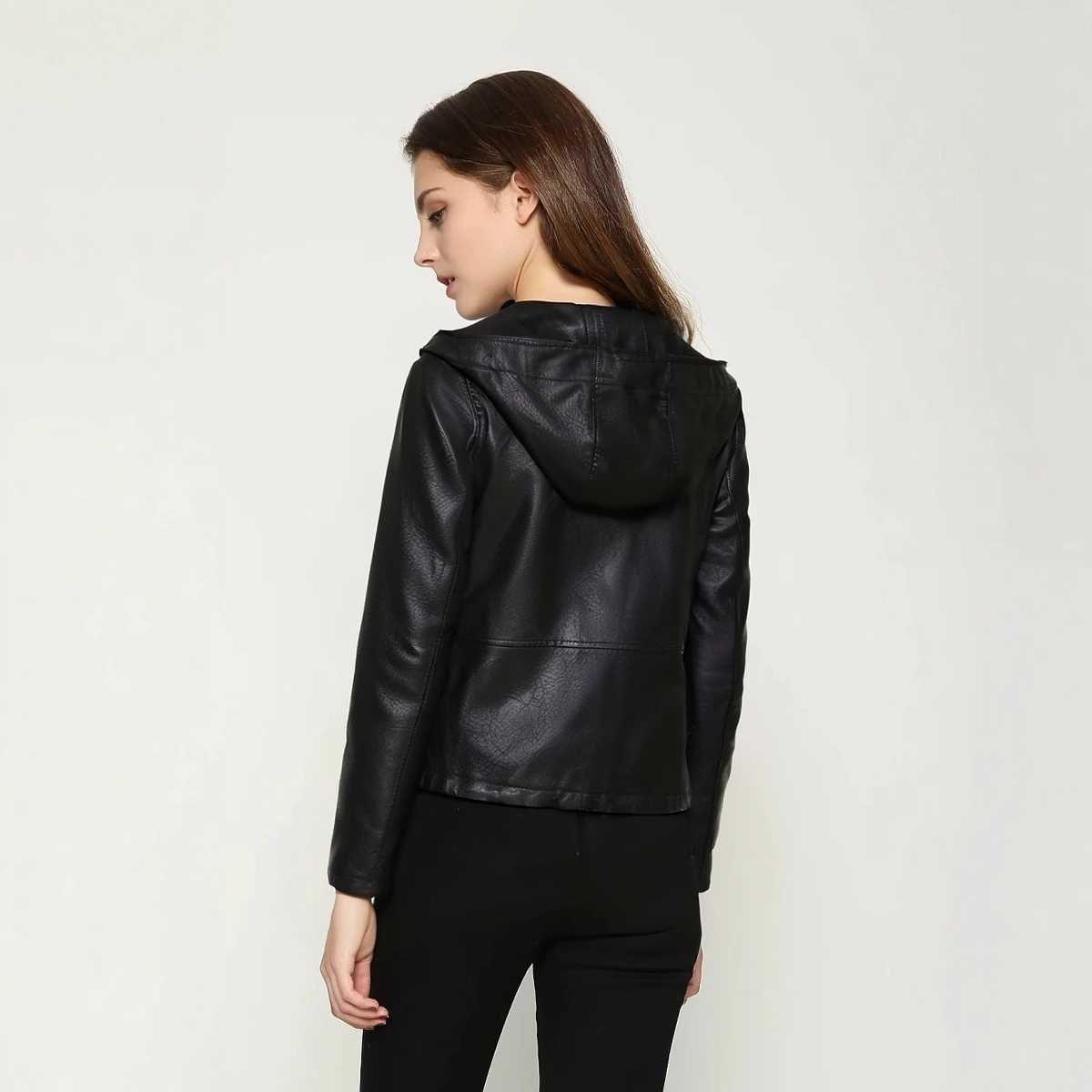 Bla Kapuzen-PU-Leder-Oberbekleidung für Damen, Frühling und Herbst, 2025, neuer Stil, lässiger Reißverschluss, tailliertes Taillenleder