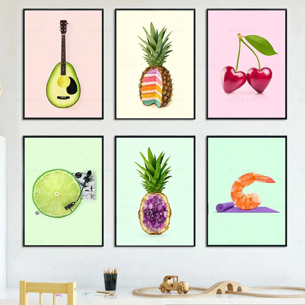 Funny Fruit Poster Avocado Guitar Lemon DJ Pineapple Cake Yoga Prawn Canvas Painting Wall Pictures Kitchen Kids Room Home Decor