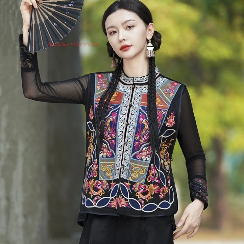 

2025 chinese vintage hanfu tops traditional satin jacquard stand collar vest retro flower embroidery folk vest sleeveless jacket
