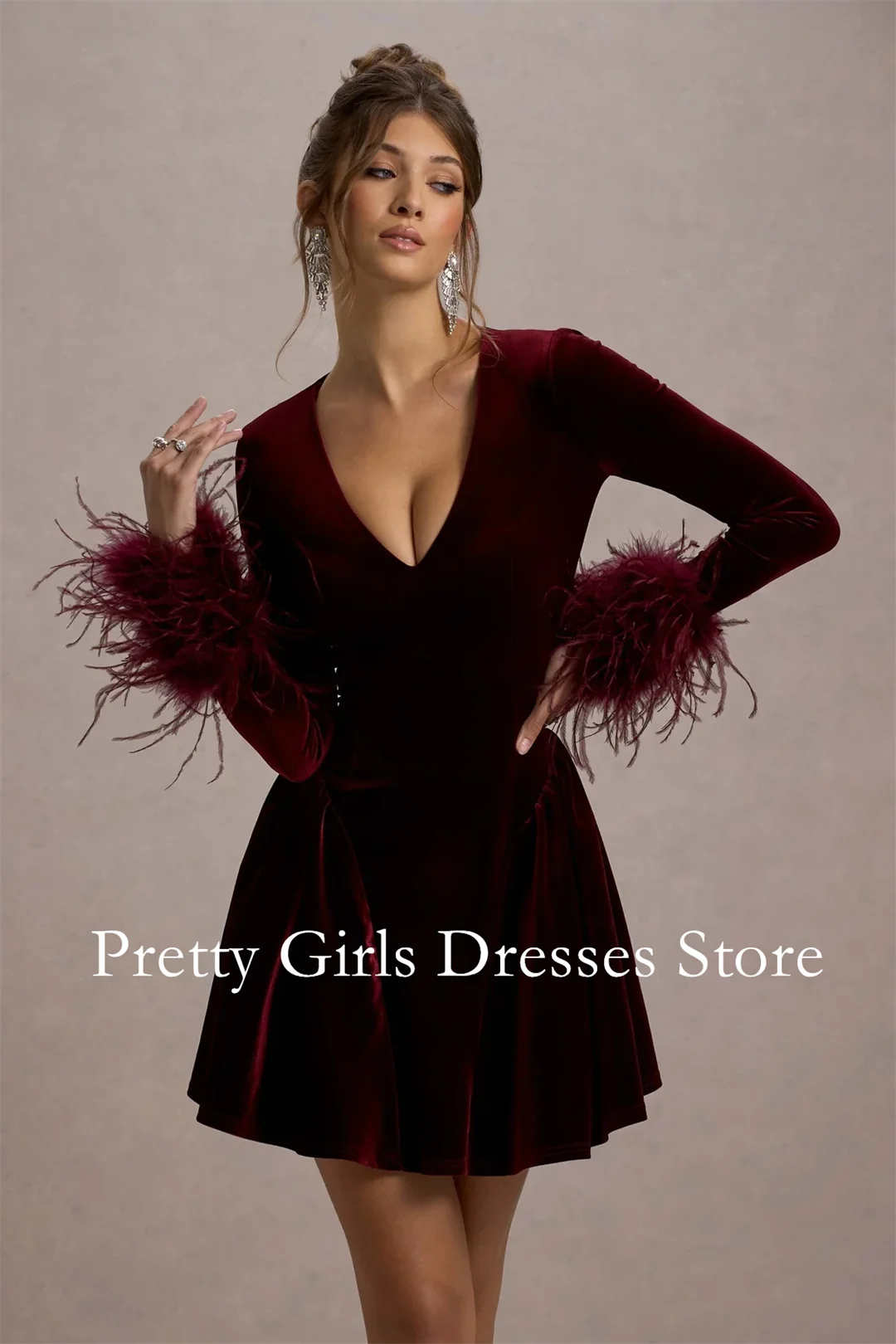 Port velours col plongeant plume garniture Mini robe robe robes de soirée personnalisé fête robes de bal formelle vestidos de fiesta