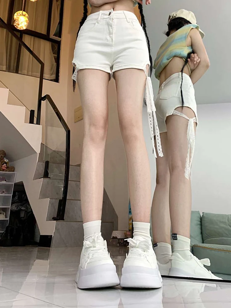 

Woman Spicy Girl High Waist Loose Strap Design Washed Straight Leg Pants Female A Line Sexy Club Casual Wrapped Hip Denim Shorts