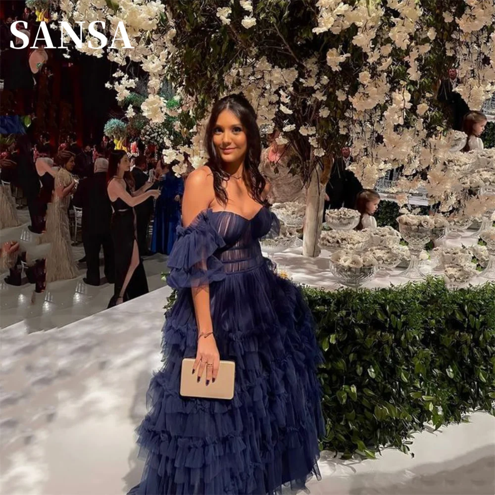 

Sansa Sexy Navy Blue Edge Curl Prom Dress Luxury Multilayer Puffy فساتين سهره فاخره 2023 Elegant Off Shoulder Vestidos De Noche