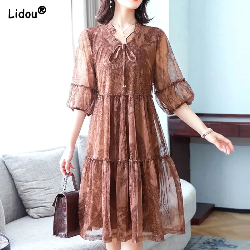 

2023 Women's Clothing Short Sleeve Knee Skirts Gauze Round Neck Patchwork Lacing Temperament Korean Loose Fashion Casual Dresses