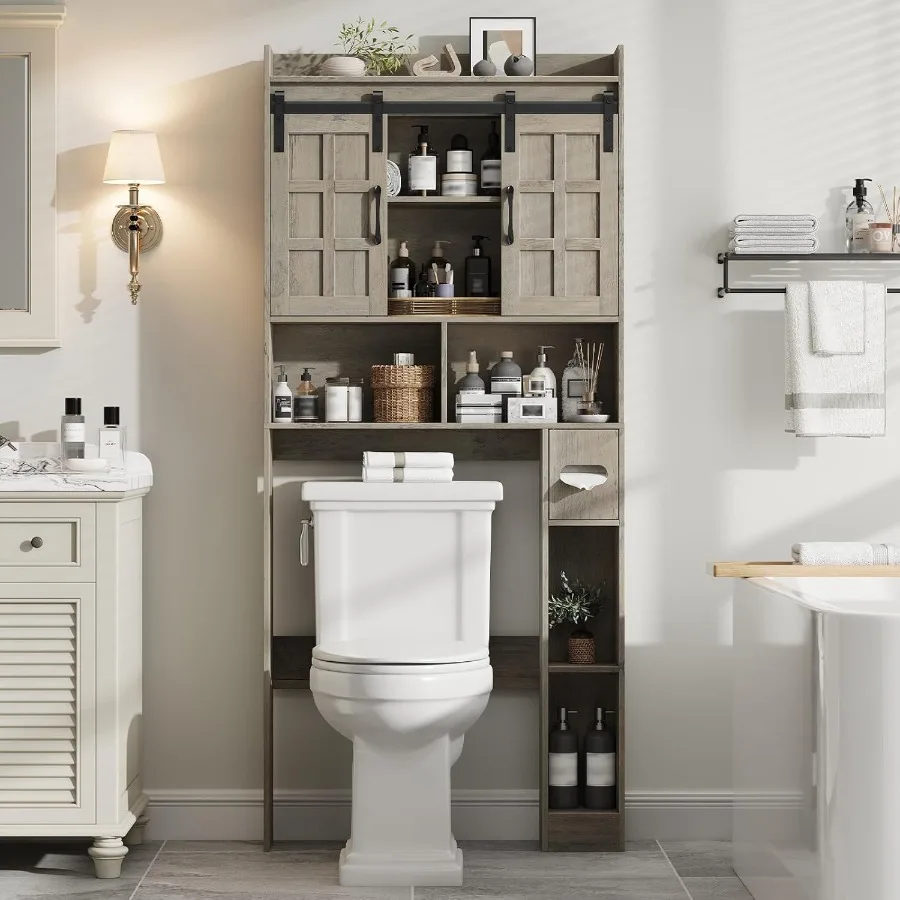 خزانة تخزين فوق المرحاض، خزانة تخزين المزرعة فوق المرحاض مع أبواب منزلقة، رف مرحاض موفر للمساحة للحمام