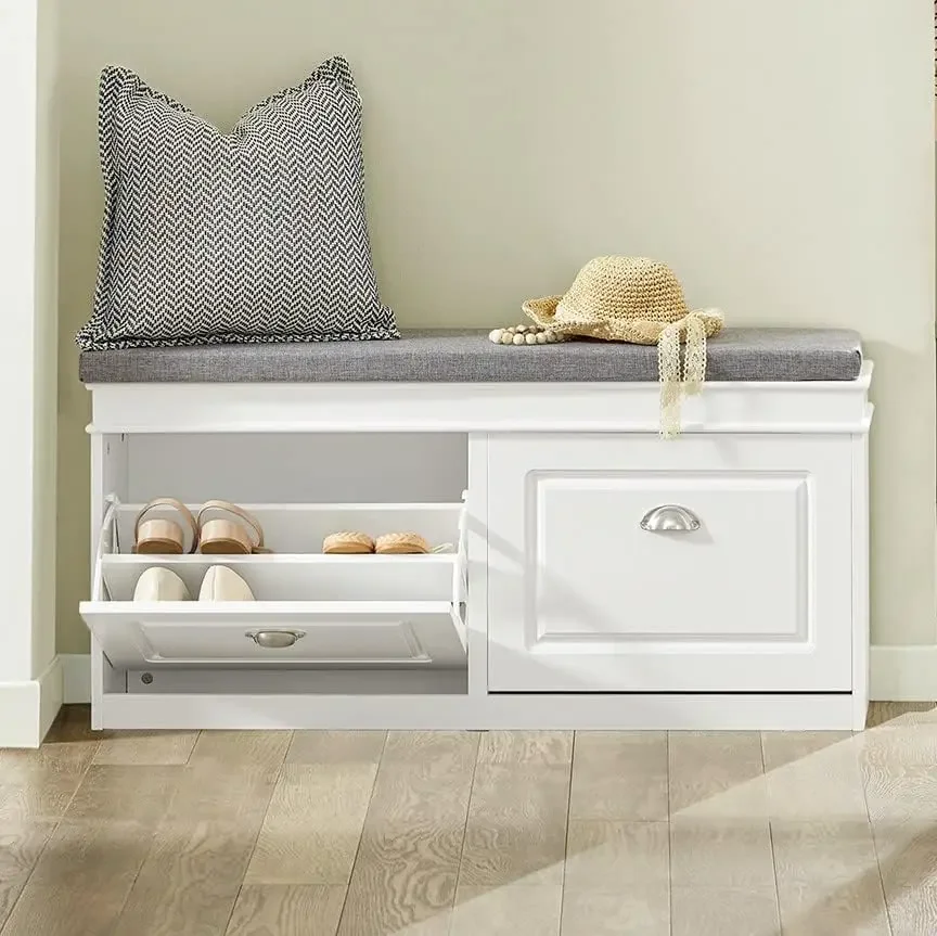 FSR64-W, White Shoe Storage Bench with 2 Flip Drawers & Padded Seat Cushion, Modern Design Shoe Storage Hallway Shoe Cabinet Sho