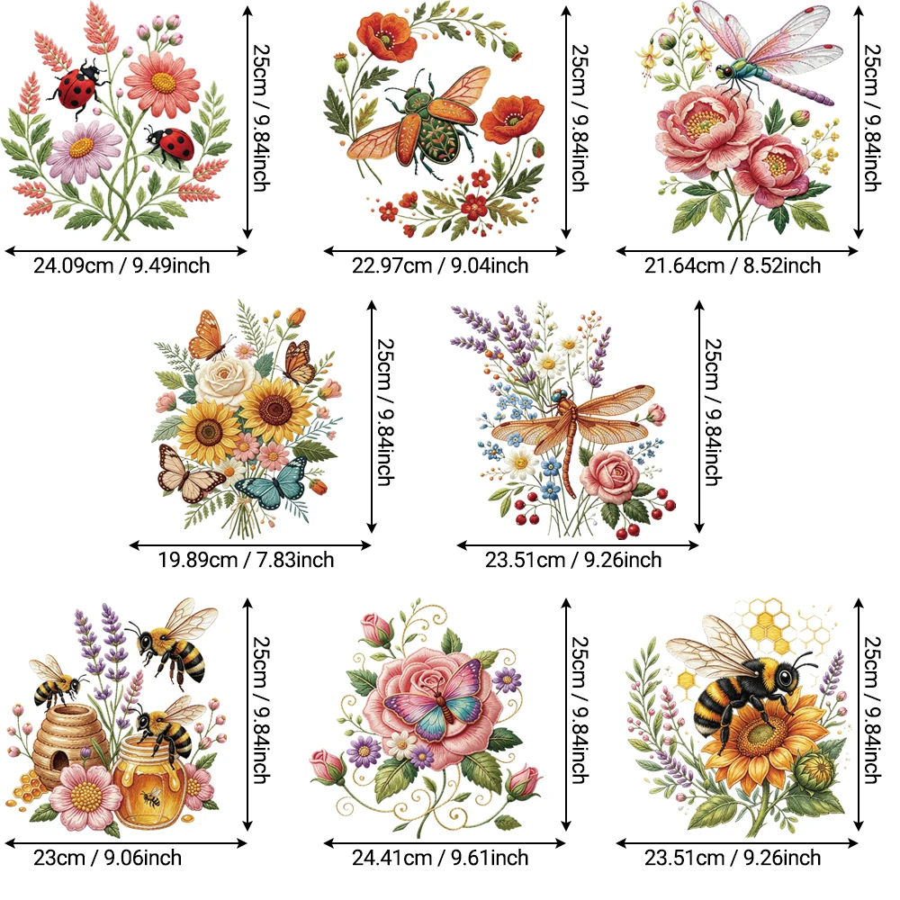 8 watercolor insect flower DTF transfers, for vintage jeans & canvas shoes, wash & fade resistant