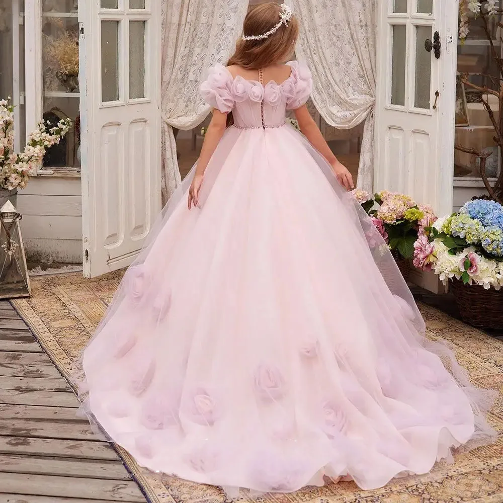 Robe de demoiselle d'honneur pour mariage, appliques en tulle, perles, moelleux, longueur au sol, robes de fête d'anniversaire chariste, robe élégante pour enfant, première année