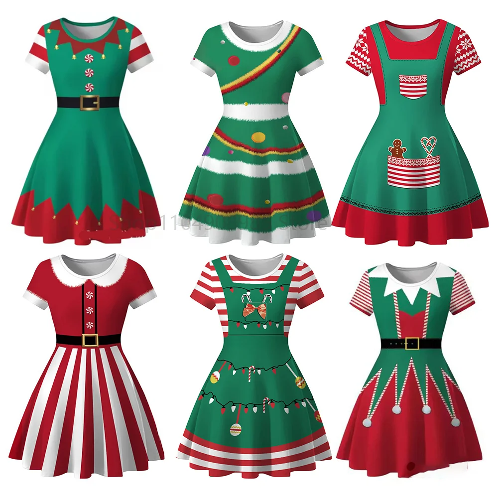 

Christmas Dress Girls Crewneck Green Elf Cosplay Costume Children Vintage Pattern Short Sleeve Party Dress Birthday Outfit