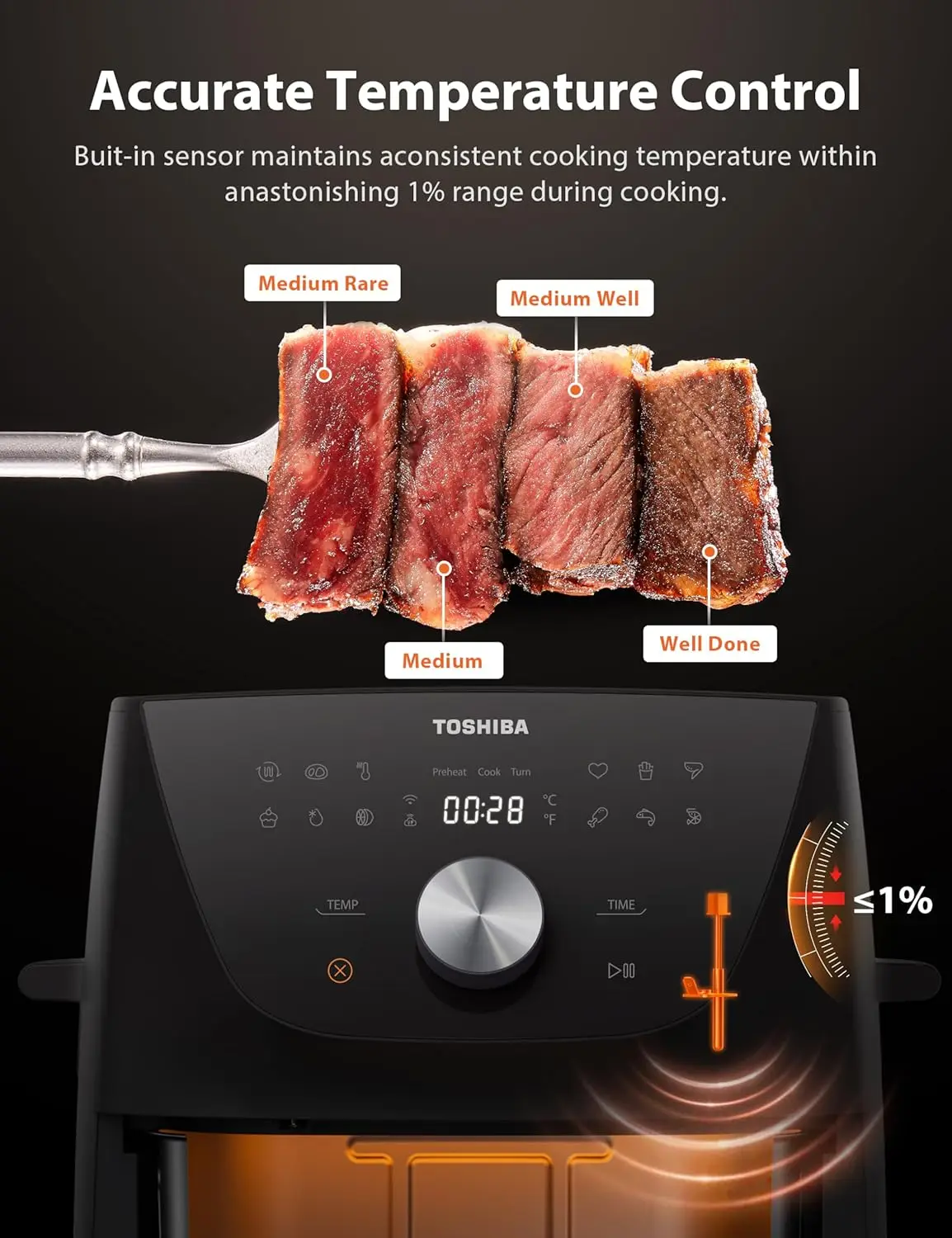 Friggitrice ad aria 7.7QT, dimensioni familiari per pasti veloci e facili, 12 Menu preimpostati e Menu-funzione IQ, precisione 1 f, 90% meno grasso, doppio