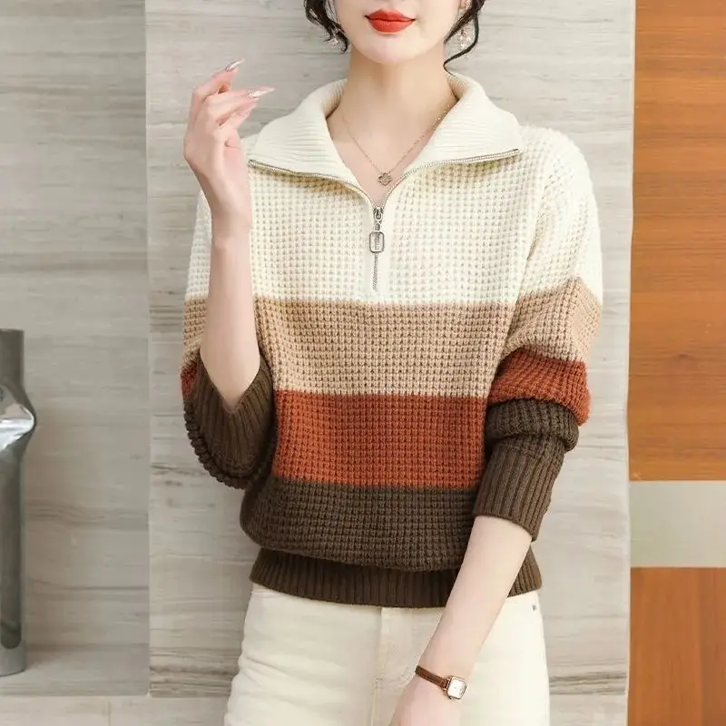 Knitted Sweaters for Women with Zipper Aesthetic Outerwears Fall Winter 2025 Clothing Sales Basic Female Pullover Color Blocking