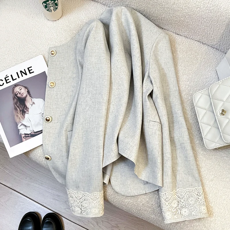 Beige Elegant Small Fragrance Short Coat Women Lace Stitching French High Quality Office Lady Sweet Fashion Loose Women Coat