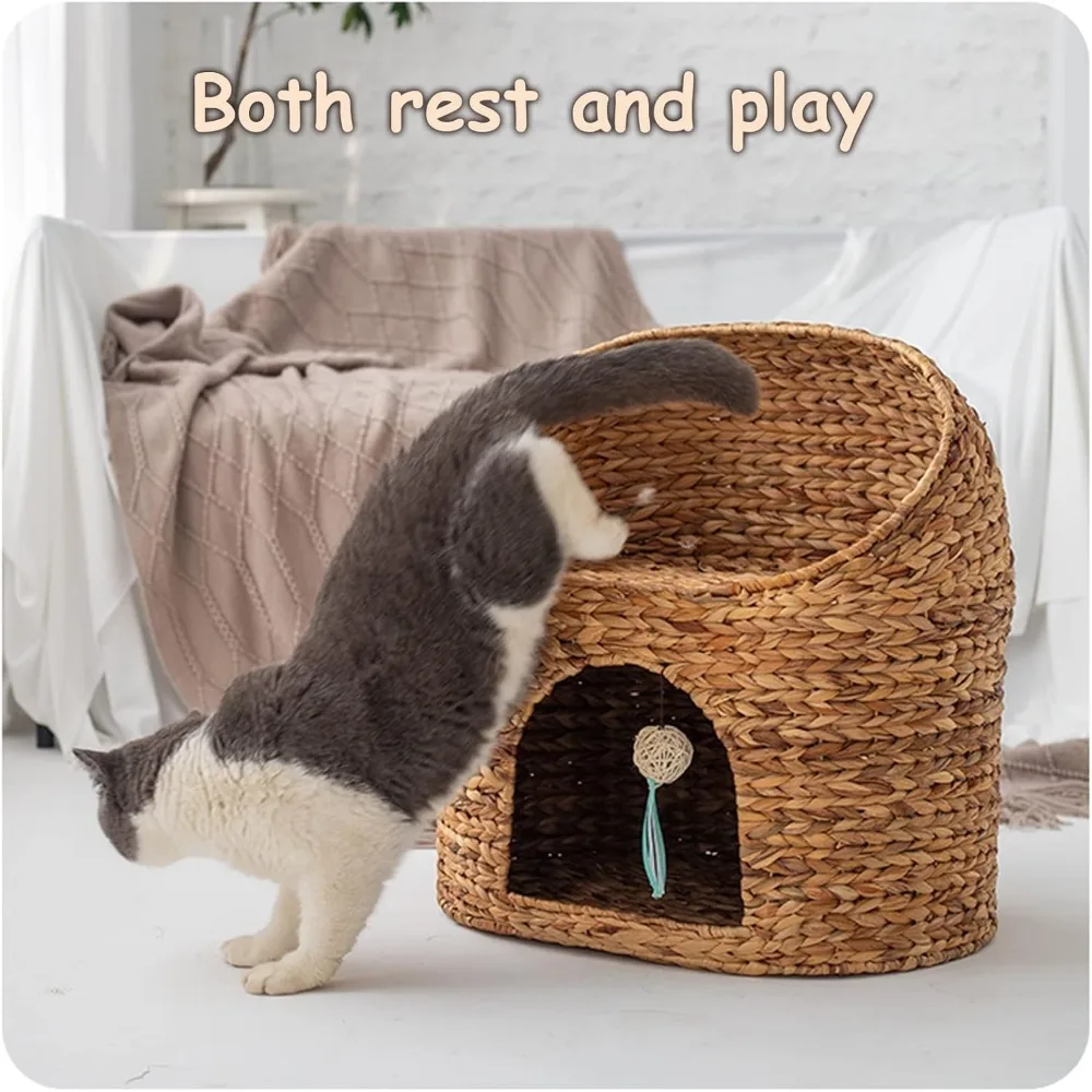 سرير للقطط من الخيزران الطبيعي، سرير كهف للقطط مصنوع يدويًا بطابقين، مثالي للقطط والقطط الداخلية بتصميم مضفر