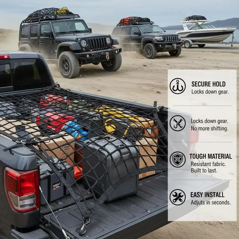 Truck Bed Webbing 96" x 81" For Pickup SUV Boat, Heavy Duty Load Restraint Adjustable Straps Carabiners S-Hooks Wear-resistant Weather-proof Cargo Organizer Mesh Net - view 4