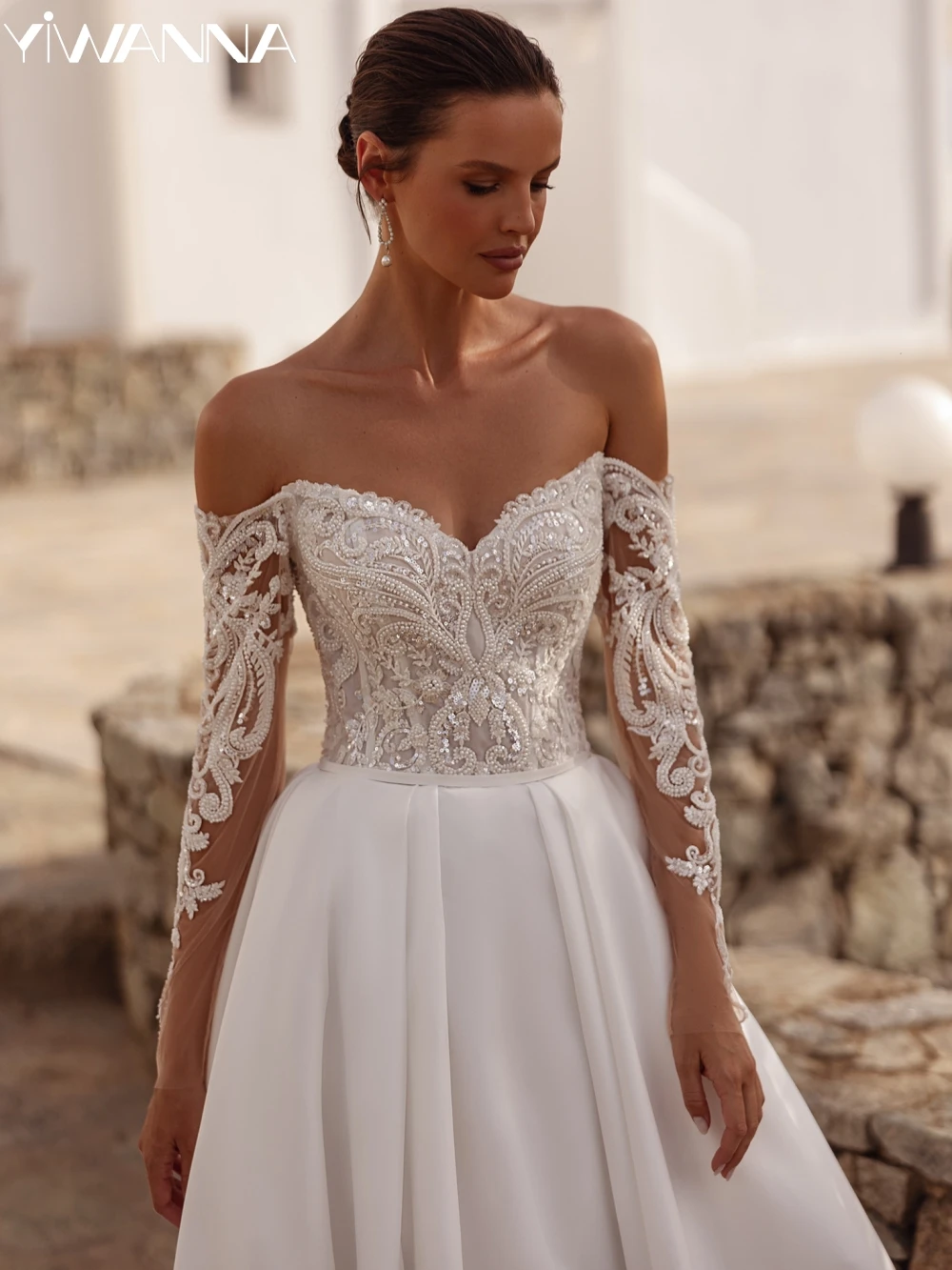 Elegante frisado a linha vestido de casamento longo lantejoulas fora do ombro vestido de noiva 202 5 personalizado cetim sem costas vestidos para noiva