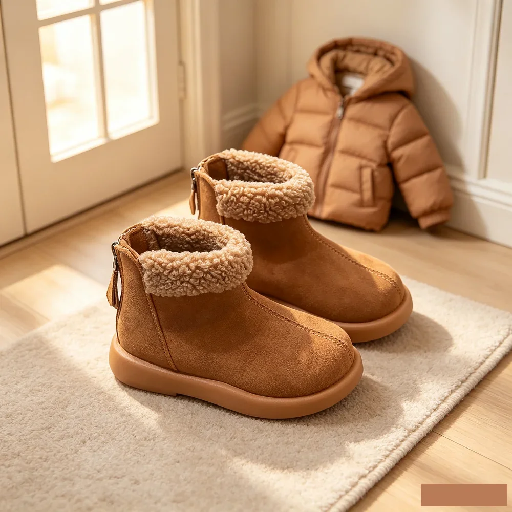 Winter girls' retro plush ankle boots, fleece lining with a pull-tab design, warm and protective for skiing and outdoor use.