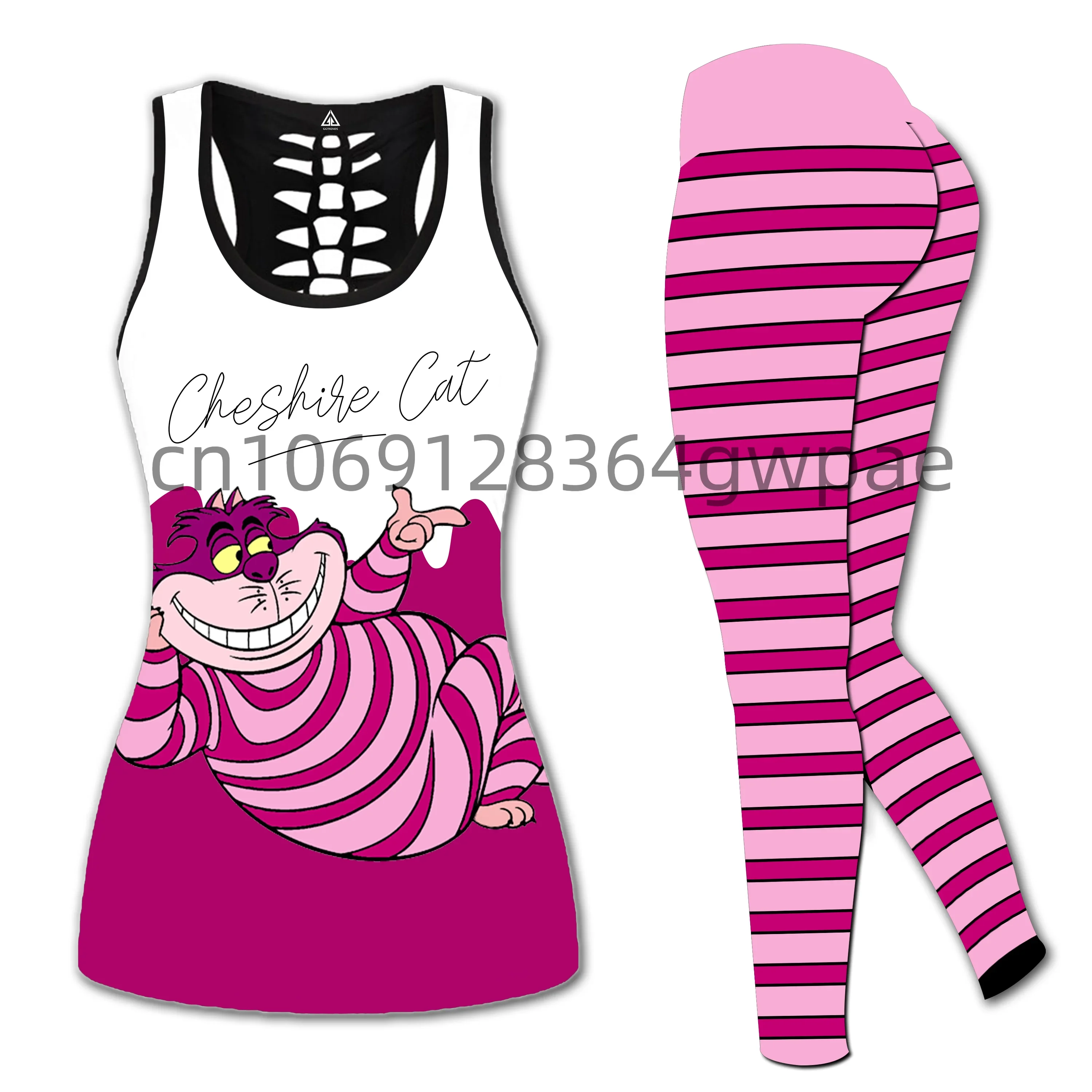 

Cheshire Cat Women's Cutout Tank Top Leggings Yoga Set Summer Fitness Leggings Tracksuit Disney Hollow Tank Top Leggings Set