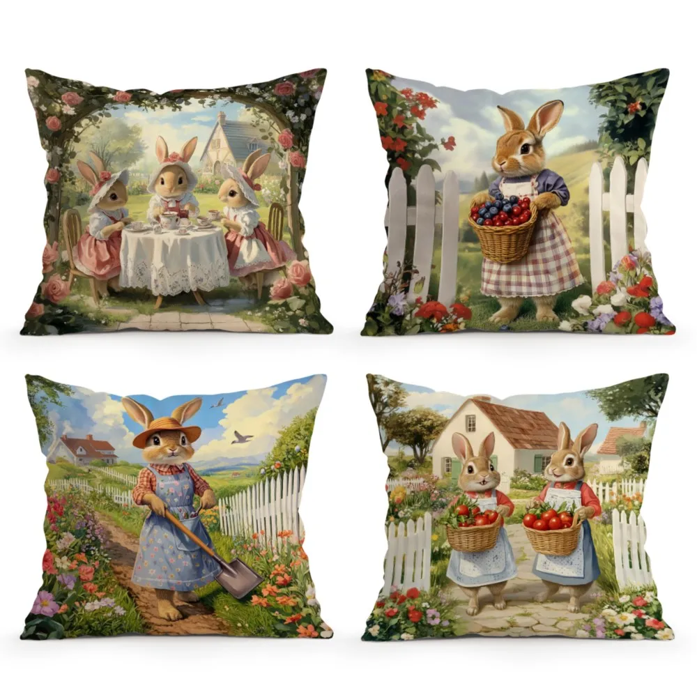 1pc Easter Garden Cute Rabbit Pattern Throw Pillow, Double-Sided Printed Design, Soft Home Decorative Plush Cushion With Inser