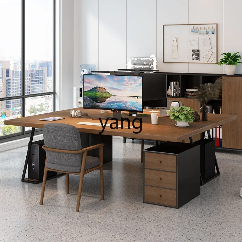 طاولة وكرسي من الخشب الصلب LH، مكتب مزدوج للكمبيوتر المالي مع خزانة جانبية