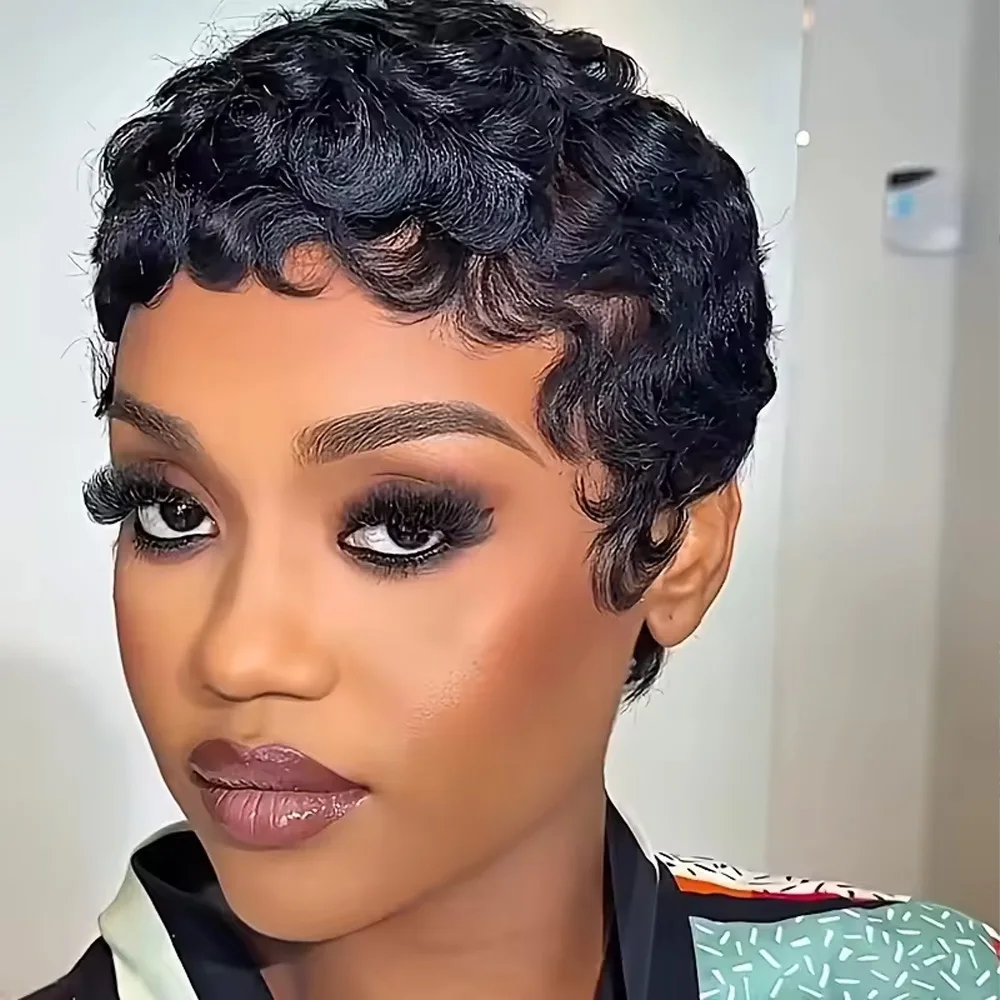 Women's Human Hair Pixie Cut Wig full machine made - Short Layered Curly with Bangs, Natural Black 250% Density image 4