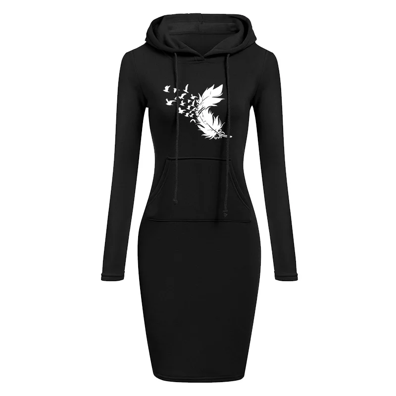 Womens Knee-Length Pockets Dress Hooded Warm Sweat Shirt Long Sleeve Neckline Simple Casual Sports Skirt