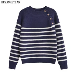 KEYANKETIAN Autumn/Winter New Women's Shoulder Button Trim Mock Neck Color Matching Jacquard Sweater Pullover Loose Knitwear TOP