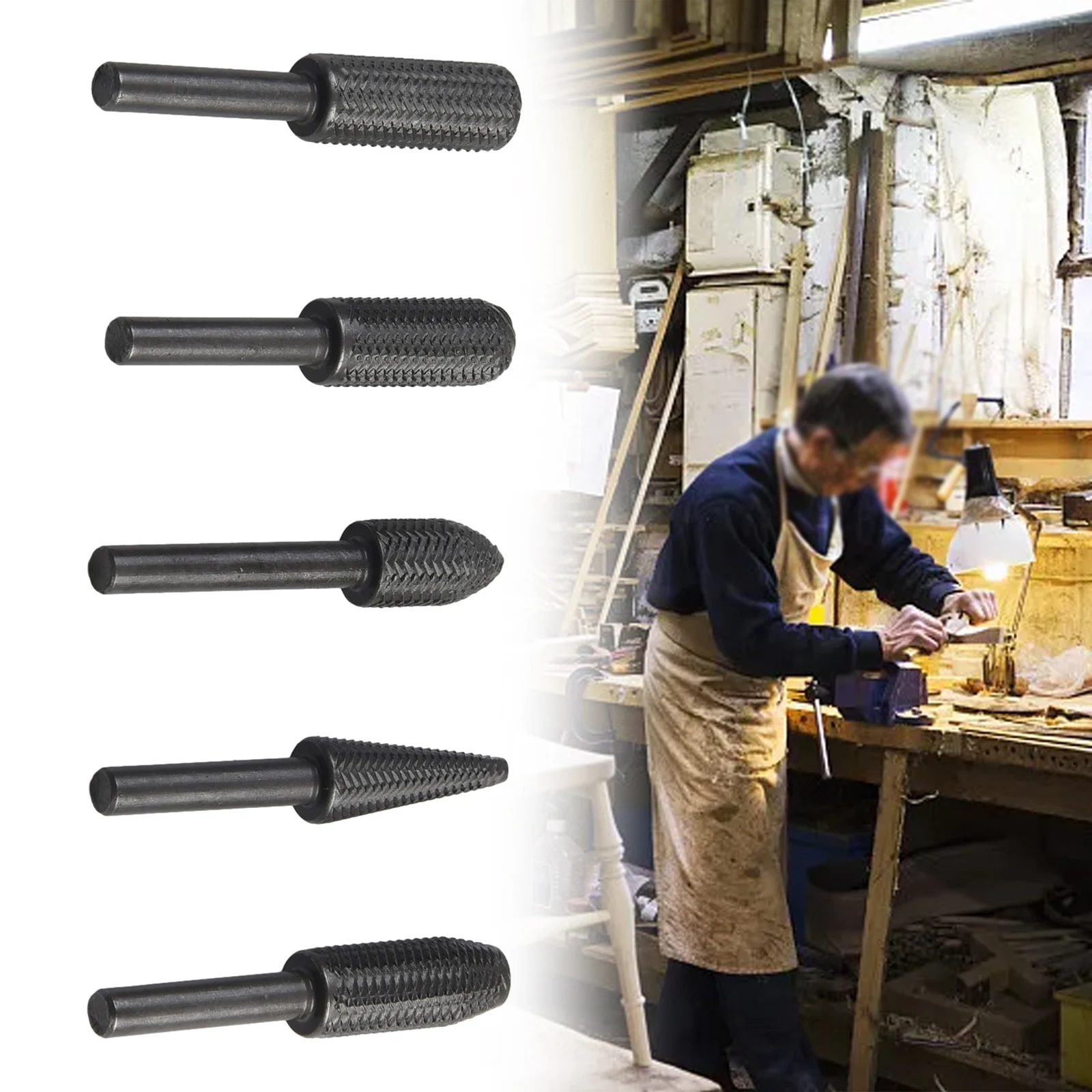 Durable and Reliable, 5Pcs Rotary Rasp File Set with Assorted Sizes and Shapes, for Metal, Wood, and Plastic Grinding