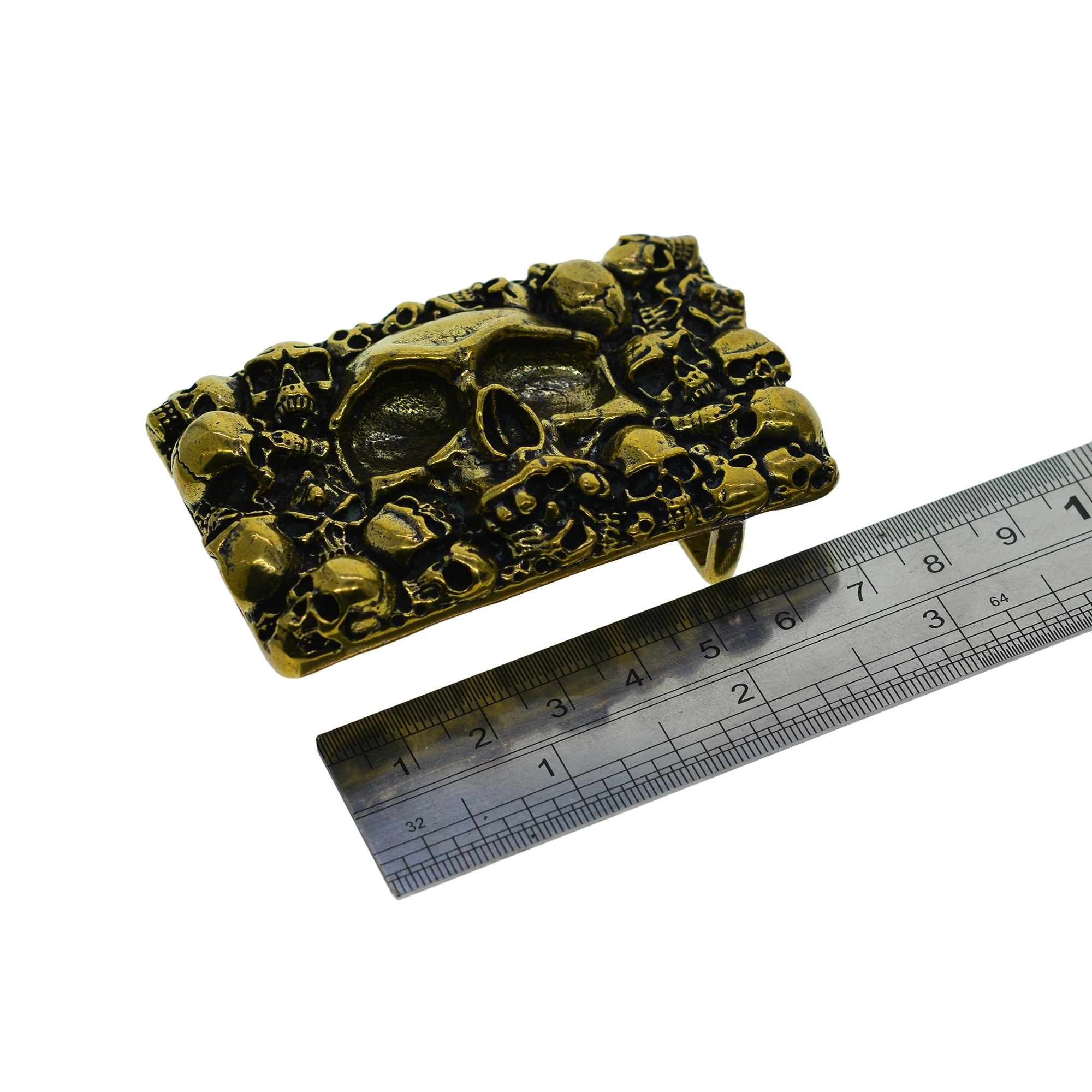 handmade Viking super fine Itlay rectangle skull demon Halloween pattern solid brass pin lock belt buckle for 1.5inch belt