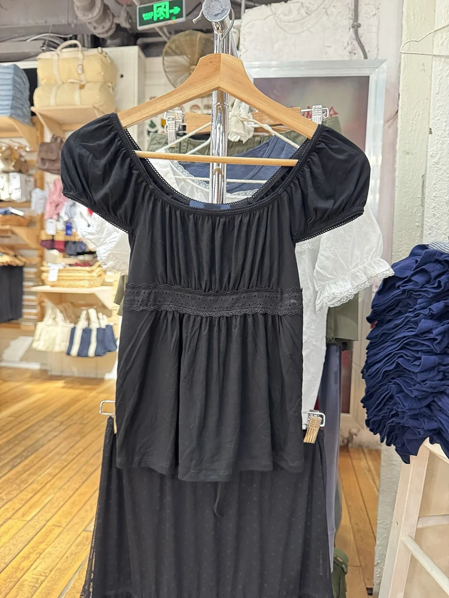 

Lace Trim Black Short Sleeve T-shirt Women Folds Scoop Neck Lace-up Tee Shirts Summer Preppy Style Vintage Sweet Tops Y2k New