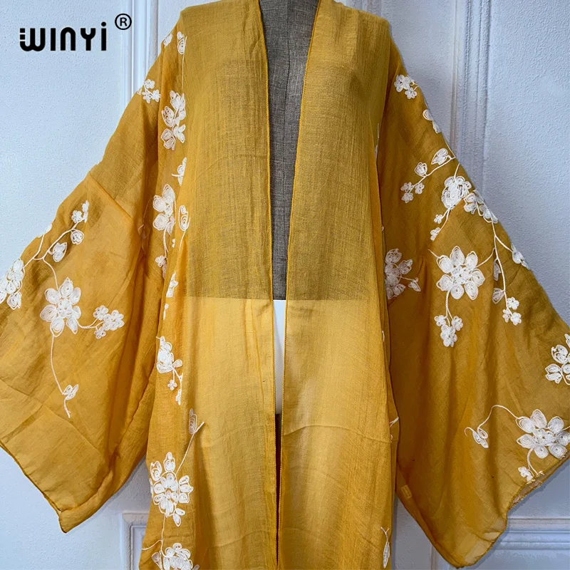 2022 autunno WINYI Dress ricamo Beach Wear costume da bagno Cover up boho Cardigan camicia da notte elegante sexy Holiday manica lunga Kimono