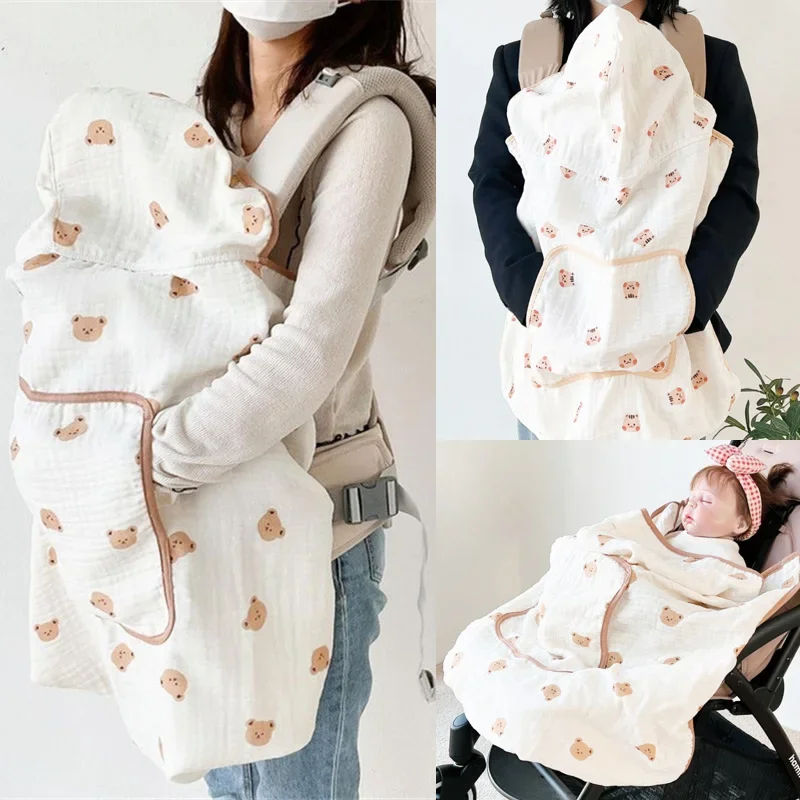 Muslin Baby Stroller Blanket Newborn Swaddle Wrap Cartoon Hooded Sling Cover Anti-mosquito Sun Protection Infant Sleeping Quilt