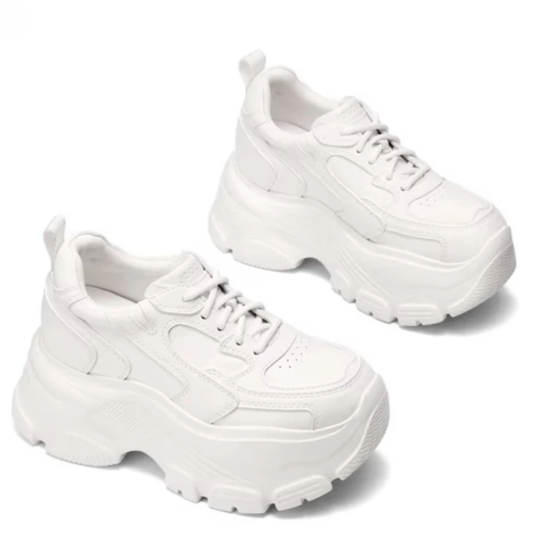 Genuine Leather Dad Shoes Women's Comfortable Thick Soled Height Increasing Shoes Breathable Chunky Sneakers White Casual Shoes