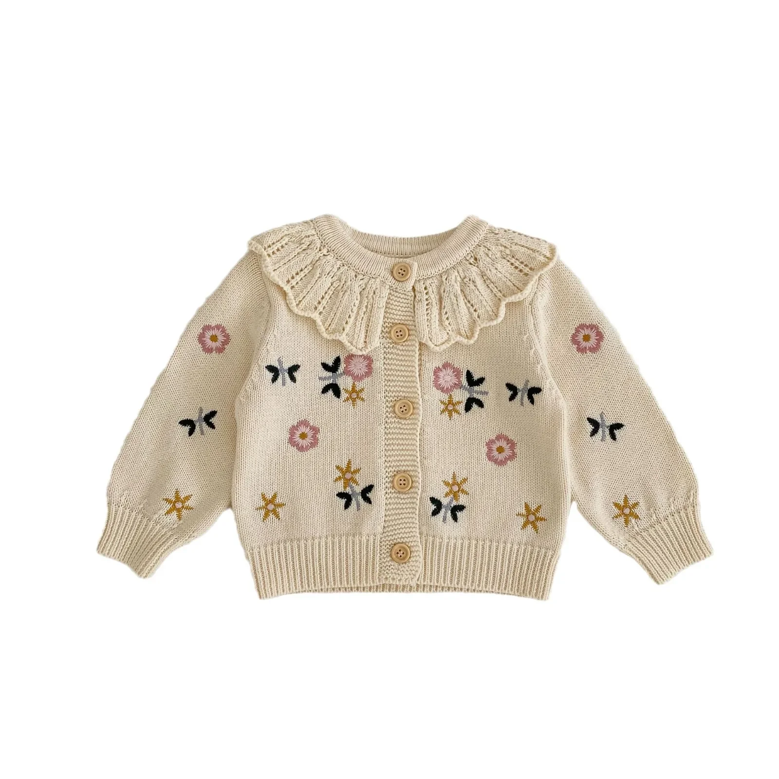 baby clothing set Spring autumn girls flower embroidered lotus collar knitted cotton long sleeve casual simple cardigan coat