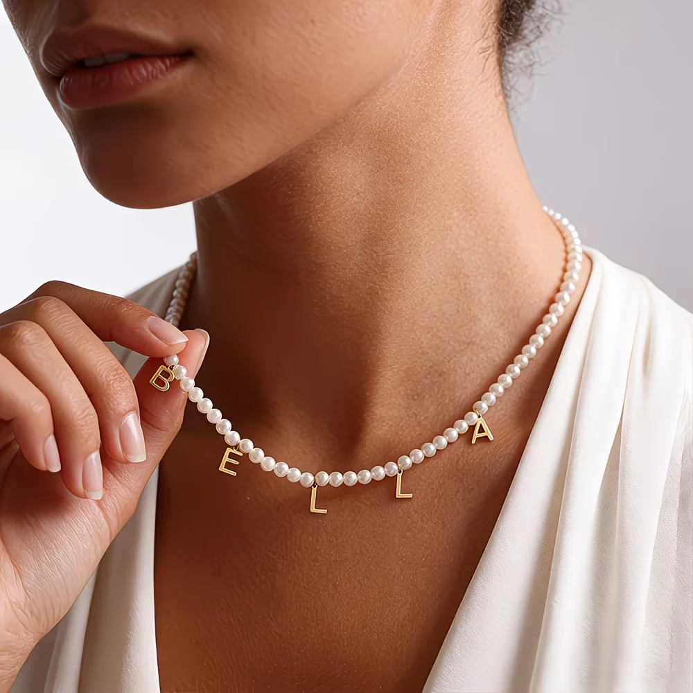 

Personalized DIY Letter Name Pendant Imitation Pearl Necklace For Women Elegant Summer Party Jewelry Mama Gift Stainless Steel