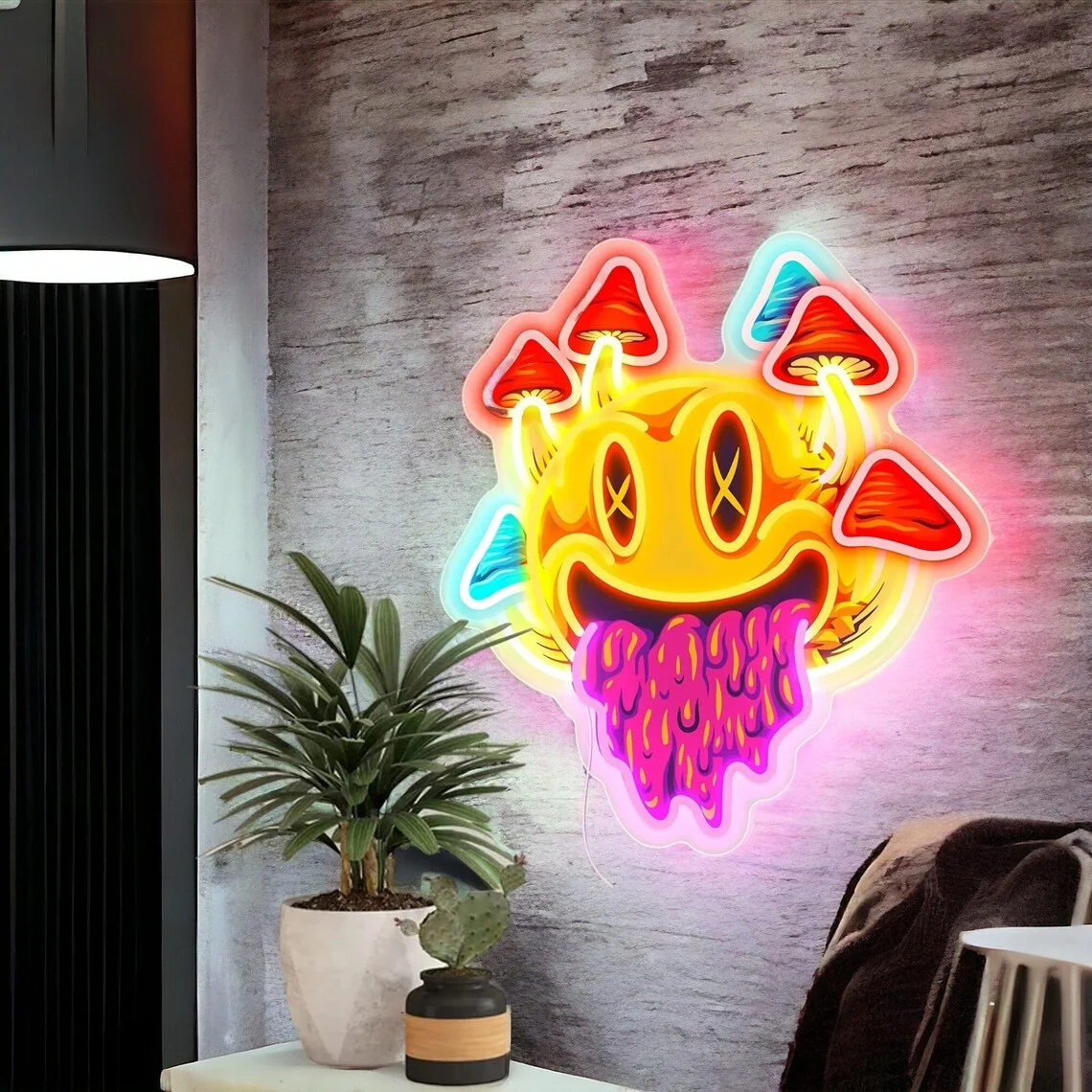 

Happy Face Mushrooms Neon Sign Unique UV Printing Mushroom Decor Aesthetic Room Decor Trippy Mushrooms Sign For Games Room