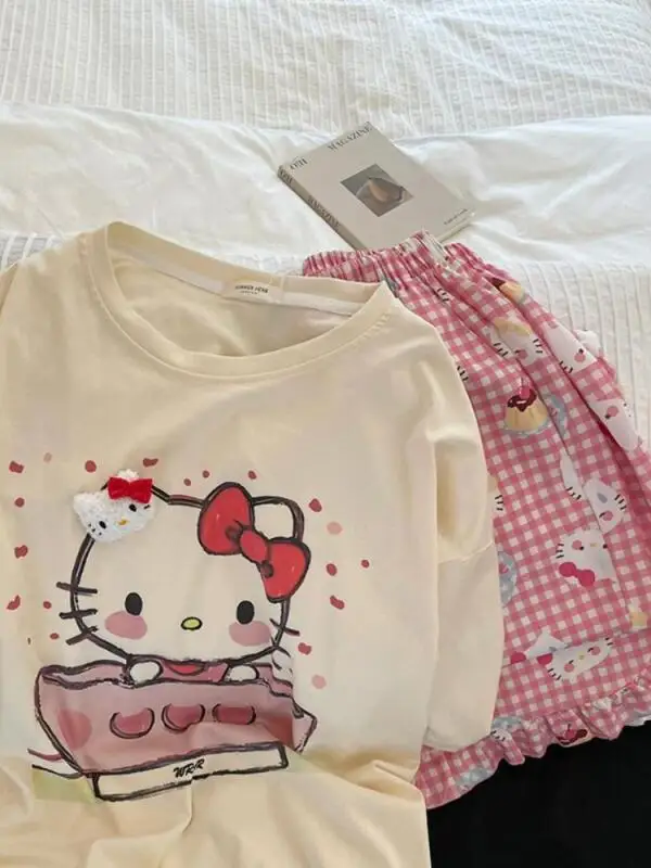 

Sanrio новые милые пижамы Hello Kitty, решетчатый пижамный комплект для девочек, весенне-осенний стиль, домашняя одежда с длинными рукавами и героями мультфильмов, пижамы