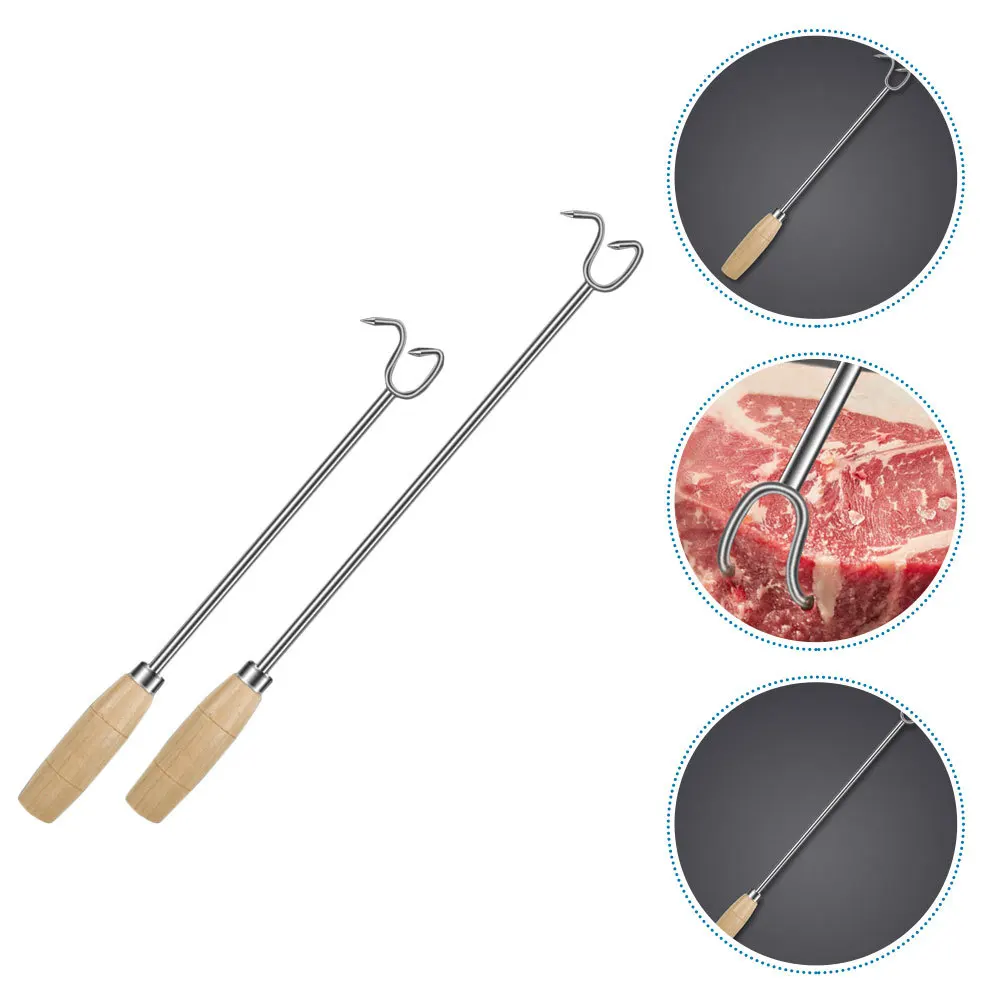 

2Pcs Stainless Steel Meat Flipper with Wooden Handle for Grilling Food Turner Roast Hooks Barbecue Accessory Home and Outdoor