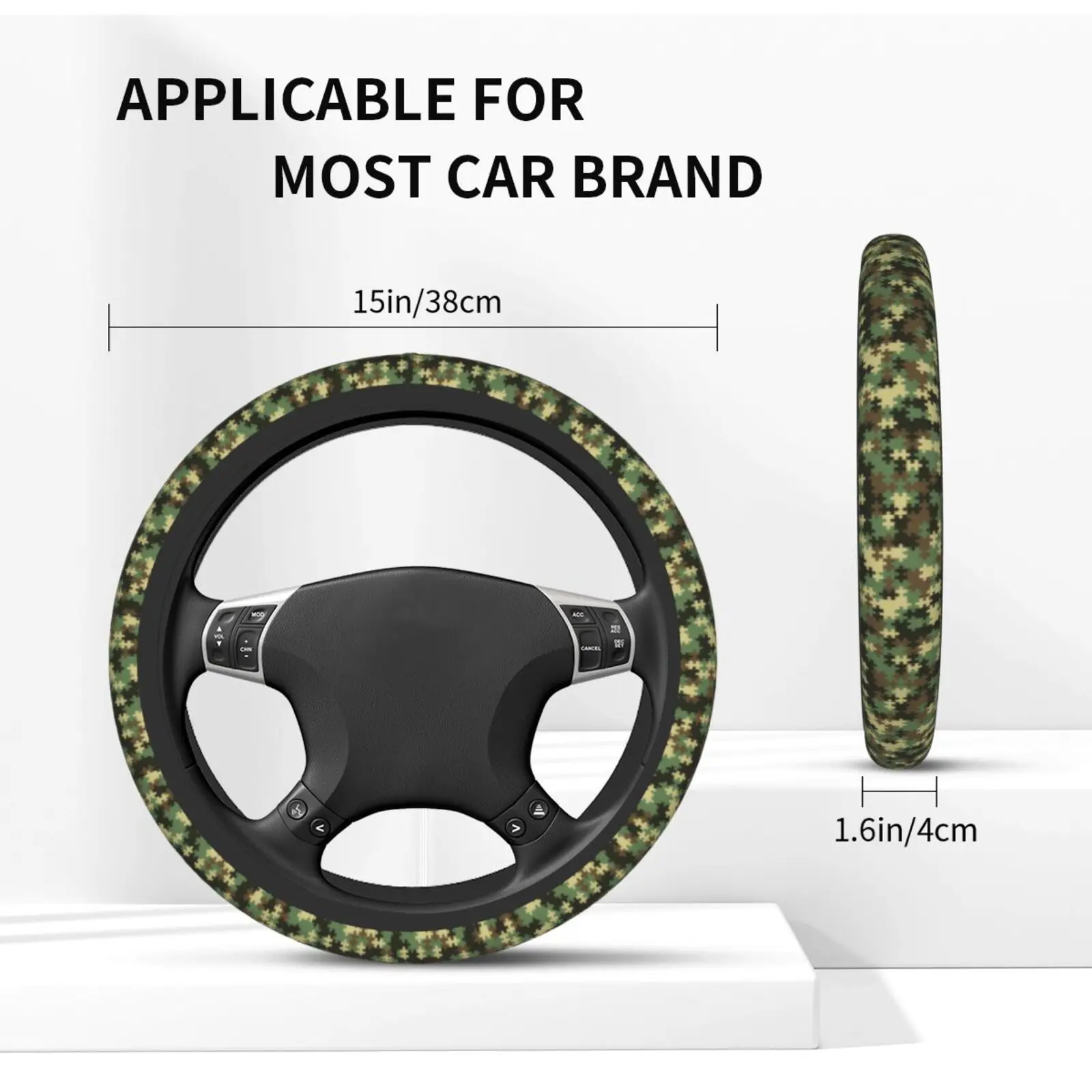 Military Green Camouflage Puzzle Print Steering Wheel Cover for Women Anti Slip Auto Car Wrap Cover Accessories for Unisex - view 5