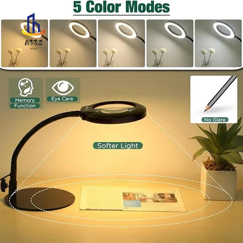 A33Z-Flexible Gooseneck Lighted Magnifier With Stand 5 Color Modes Dimmable USB Reading Eye Protection Study Lamp