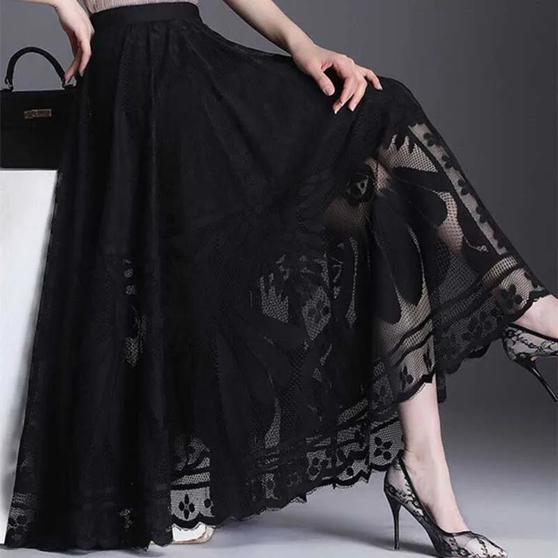 Fashion Elastic Waist Spliced Gauze Lace High Waist Skirt Women's Clothing 2024 Spring New Loose Solid Color Office Lady Skirts