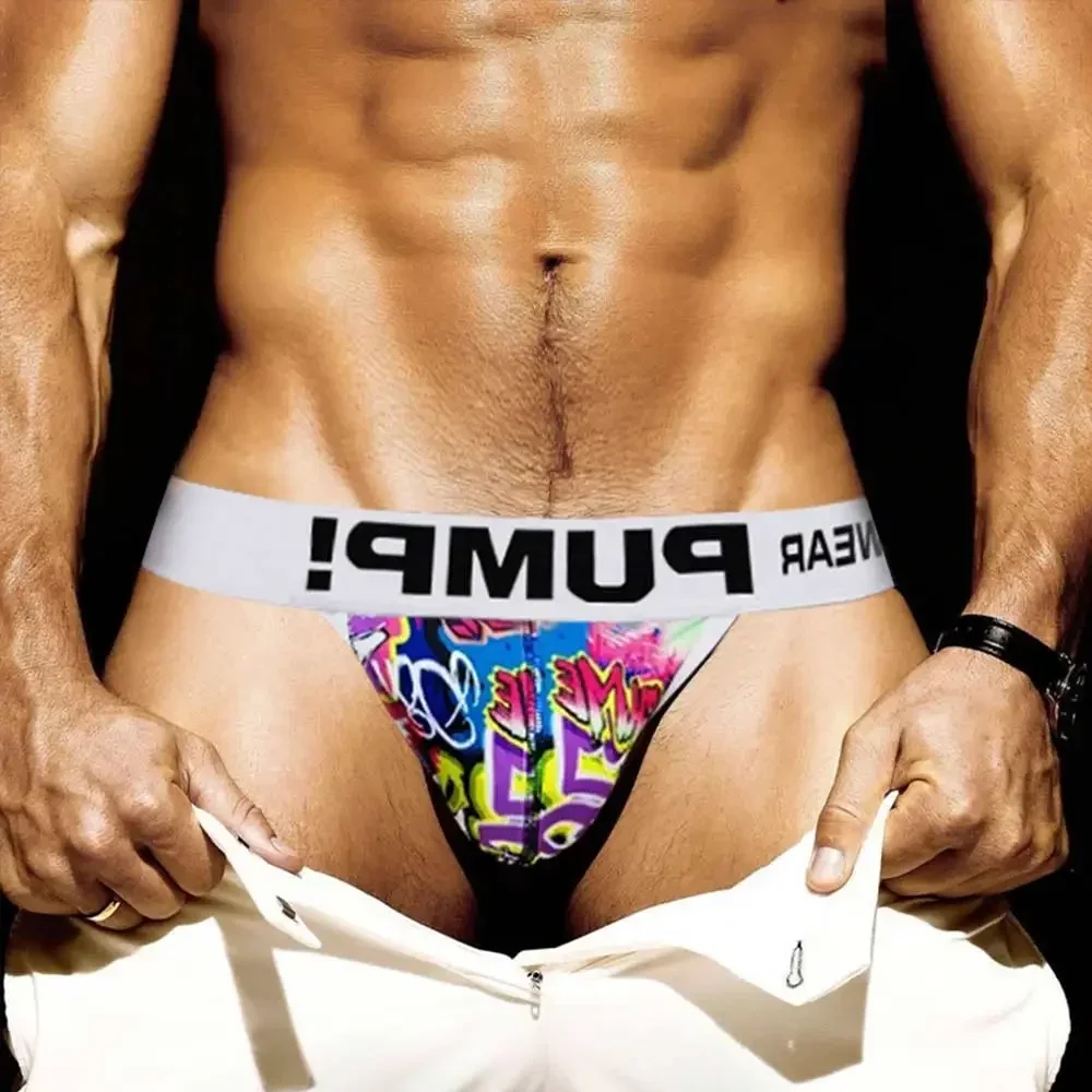 

2 Pack Sexy Graffiti Jockstrap Men's Underwear Sexy Breathable Man Briefs Underpants Soft Cotton Low Waist Thongs G String