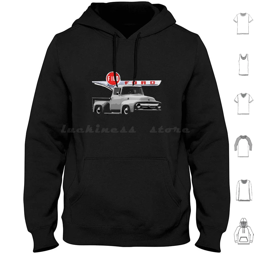 1950's F100 Antique Truck Hoodie Cotton Long Sleeve Retro Classic Car F150 Classic Pick Up Truck Black Vintage Pickup Pickup