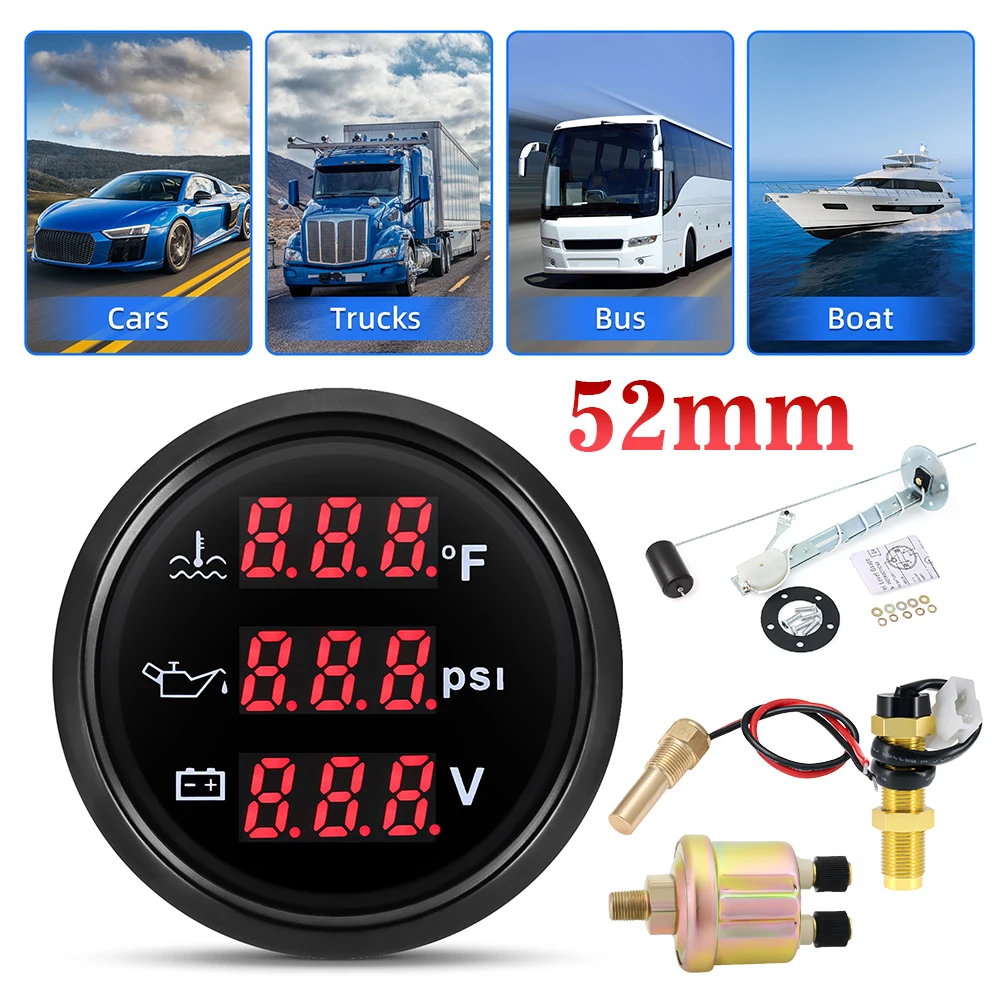 

3 IN 1 Water Temperature Gauge Digital Red Led Oil Pressure Voltmeter Water Temp Joint Pipe Sensor 2" 52mm Tachometer 0-9990RPM