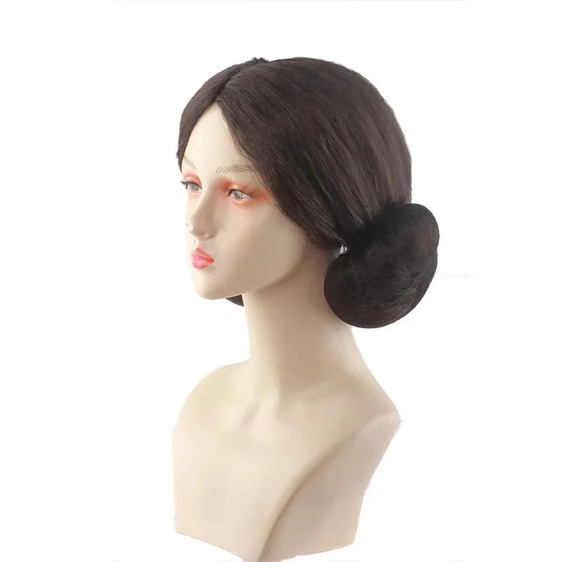 Peluca de Cosplay CyPrincess Leia Organa Solo, peluca corta de Cosplay marrón con 2 bollos para mujer, peluca de pelo sintético resistente al calor