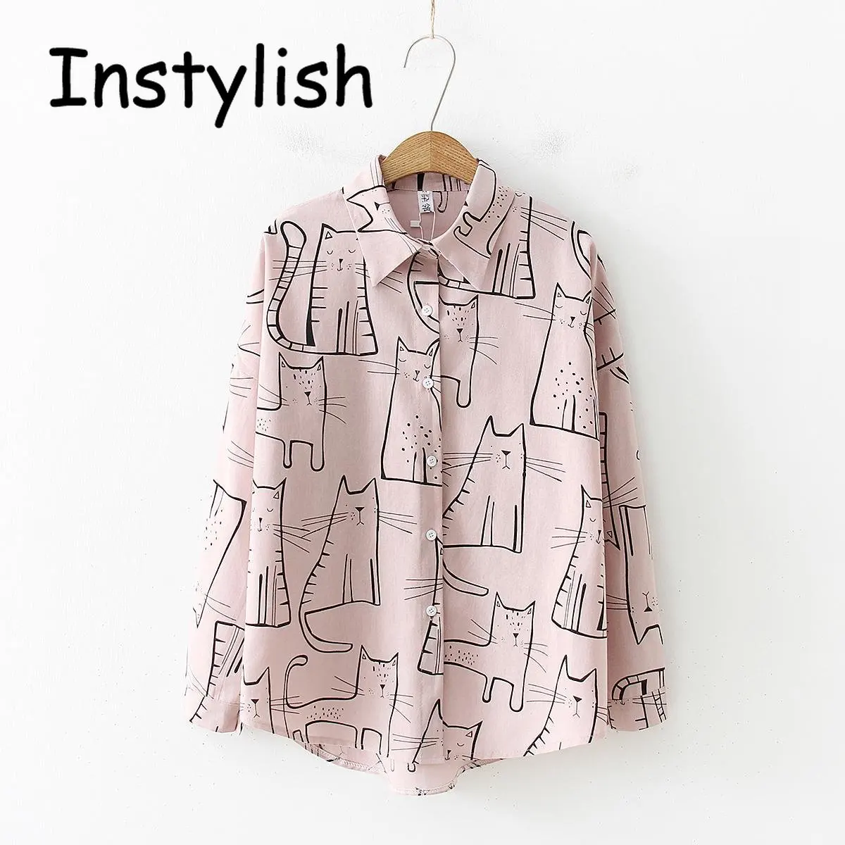 Casual Long Sleeve Cat Print Loose Blouse Elegant Chic Girl's Shirt Vintage Harajuku Cotton Preppy Style Tops Korean Tunics